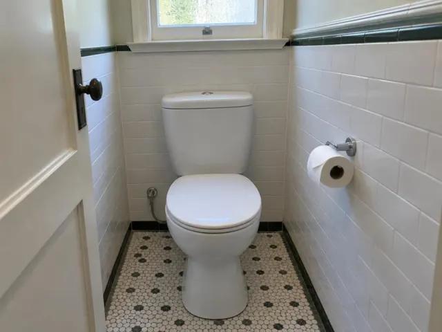 White toilet in a small tiled bathroom with patterned floor and window in Gladesville